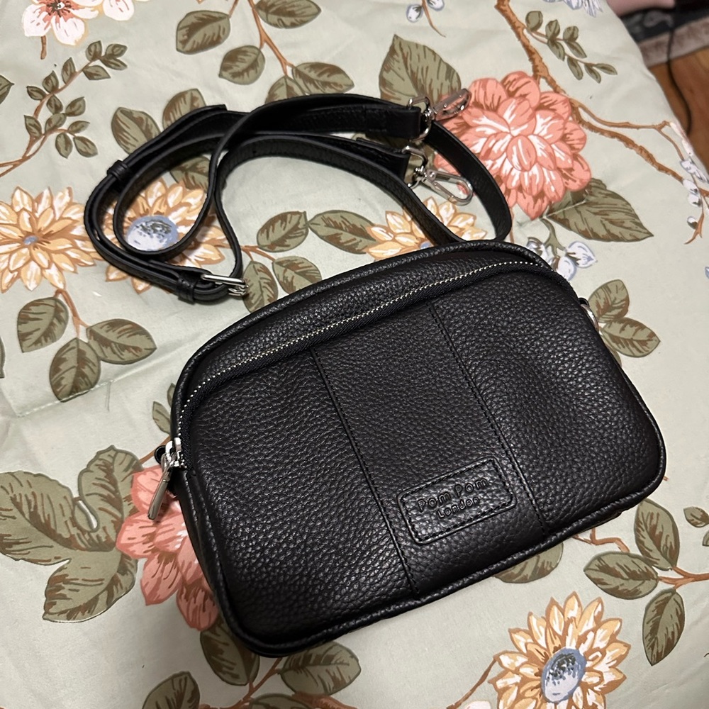 Pompom London Original Black Pebbled Leather Crossbody Bag with Silver Hardware